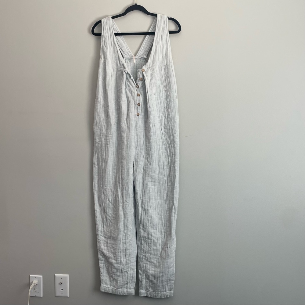 Free People White Gauze Linen Jumpsuit with Button Detail